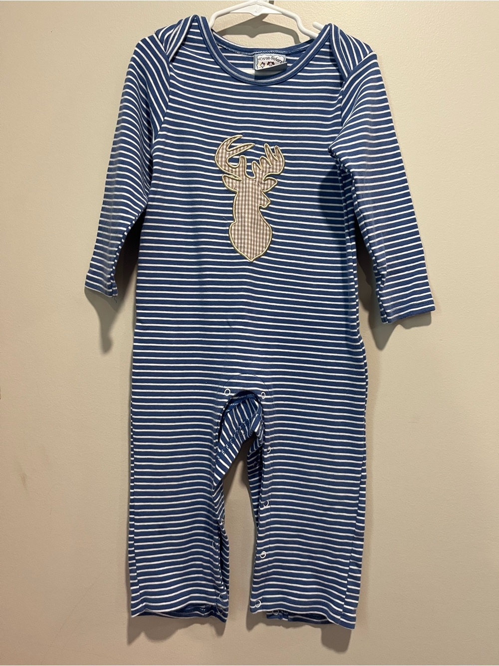 Blue Striped Baby Romper with Deer Applique - Three Sisters